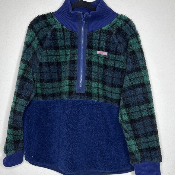 Vineyard Vines Blue and Green Plaid Quarter-Zip Hoodie - Picture 1 of 1